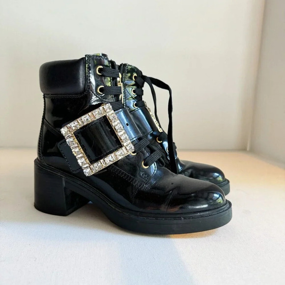 Roger Vivier Black Lace up Ankle Boots with Rhinestone Buckle 36.5 - Picture 3 of 13